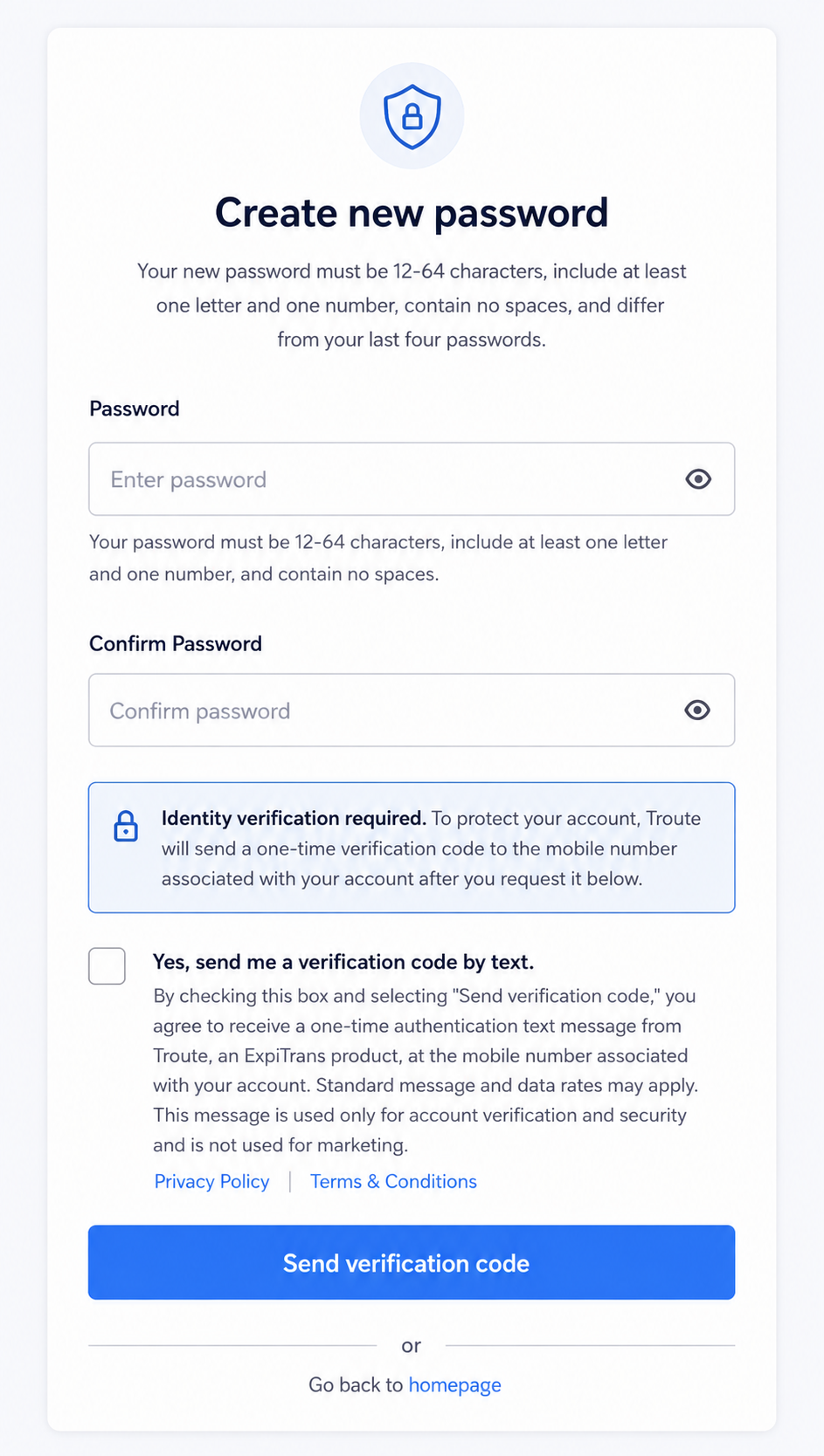 Example Troute two-factor authentication SMS consent flow
