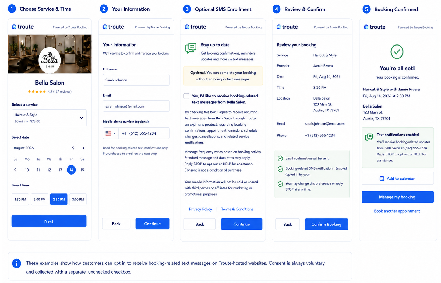 Example Troute booking SMS consent flow